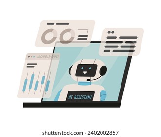 Opened laptop with smiling robot AI assistant on screen flat style, vector illustration isolated on white background. Decorative design element, machine learning, technologies