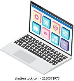 Opened laptop and standard mobile applications on monitor. Programming, software development, apps for electonic device. Development of mobile application, program for computer vector illustration