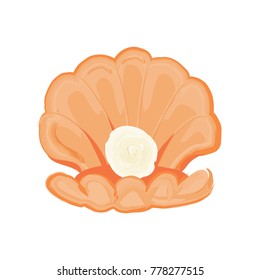 Opened light orange sea shell with shiny round pearl cartoon style logo isolated vector illustration on white background. Highly valued gemstone