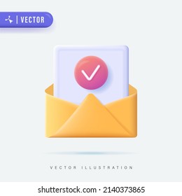 Opened Light Yellow Envelopes on White Background Vector Illustration. 3D Realistic Unfolded Envelope Logo,Icon or Symbol Cartoon. Check mark icon. Approvement concept. Document and postal envelope.