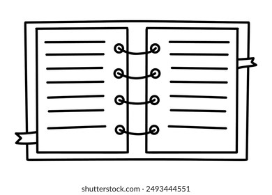 Opened lined notebook with bookmarks. Outline doodle. Vector illustration. Line hand drawing 