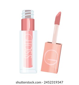 Geöffnete Lipgloss-Tube, dekorativer flüssiger Lippenstift für Frau, Produktverpackung Cartoon-Vorlage