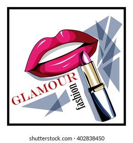 opened lipstick with lips stylish make up logo with text isolated on the white background in fashion style like watercolor. Lipstick kiss isolated.