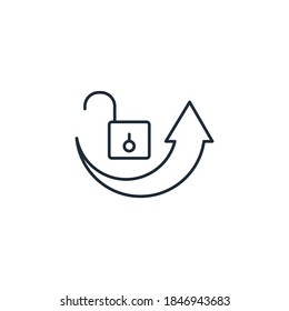 Opened lock and up arrow. Open a new direction. Vector linear icon isolated on white background.