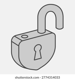 Opened lock with keyhole isometric icon, safety concept. Vector graphics. Unlocked sign with outline style for mobile or web design
