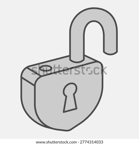 Opened lock with keyhole isometric icon, safety concept. Vector graphics. Unlocked sign with outline style for mobile or web design