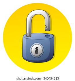 Opened lock on a yellow background round icon.