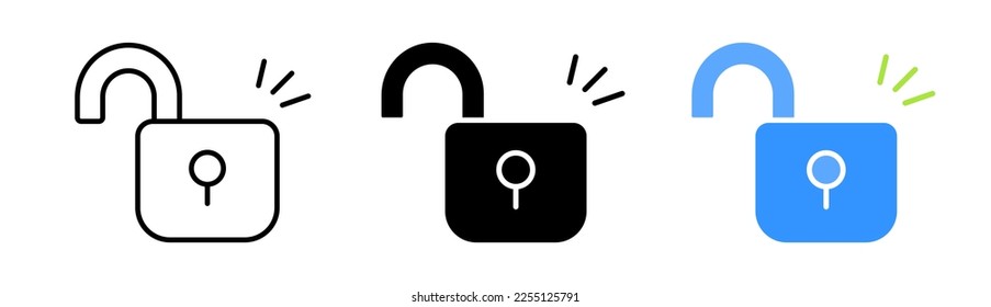 Opened lock set icon. Lock, password, security, hacker, antivirus, hacking, twofactor authentication. Defense concept. Vector icon in line, black and colorful style on white background