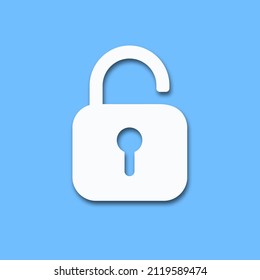 Opened lock. Unlock icon for website. Paper cut style padlock icon with shadow. Security concept. Vector illustration