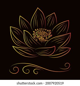 Opened lotus flower. Engraving contour drawing. Vector flowers over black background