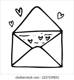 Opened love letter doodle style vector illustration isolated on white background. Valentines day envelope Hand drawn graphic