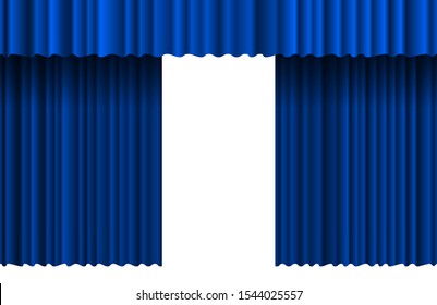 Opened Luxury Blue Realistic Curtain Stage Backdrop. Grand Open Theater Event Velvet Fabric Drape Opening Ceremony. Vector Theatre Cinema Premiere Presentation Isolated Drapery Cloth Illustration