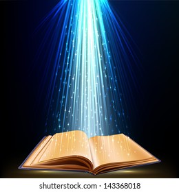 Opened magic book with light. Education