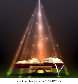 Opened magic book with light. Education