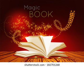 Opened magic book with light. Vector illustration