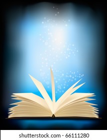 Opened magic book with magic light. vector illustration.