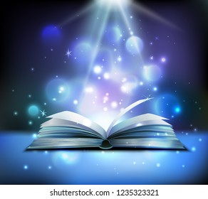 Opened magic book realistic image with bright sparkling light rays illuminating pages floating balls dark background vector illustration