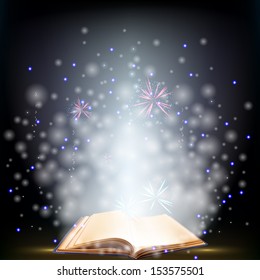 Opened magic book with shining. Education