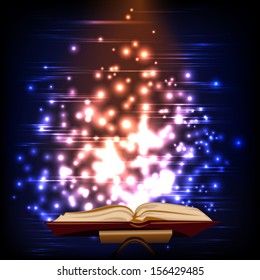 Opened magic book with shining. Education