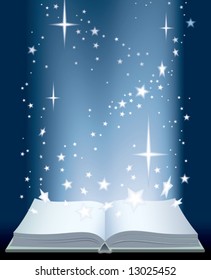 An opened magic book and shining stars