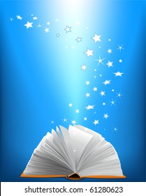 An opened magic book and shining stars