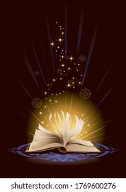 Opened magical book with sigils and emitting golden lights.