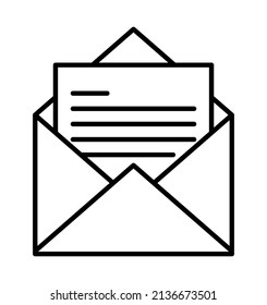 Opened mail envelope with letter paper. Outline vector illustration isolated on white background. Email symbol.