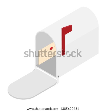 Opened mailbox with raised flag and letter inside isometric view isolated on white background