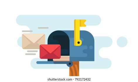 Opened mailbox with regular mail inside. Vector flat