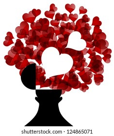 opened male head generating lots of hearts, symbol of love