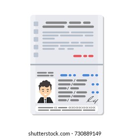 Opened male's passport. Identification documents for citizen.