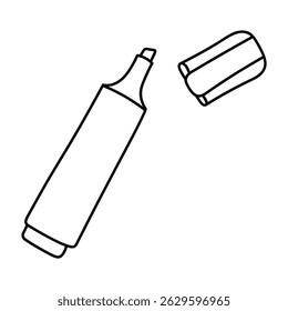 Opened marker with flat tip cap drawn with black outline. Marker line icon style. Concept of school, office supplies for knowledge day september 1. Flat vector illustration isolated.