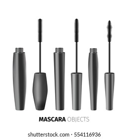 Opened mascara, fashion set of realistic vector objects