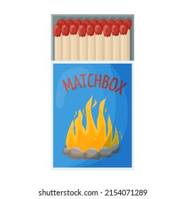 Opened matchbox full of matches. Household flammable tool for lighting fire in cardboard box. Flat vector illustration