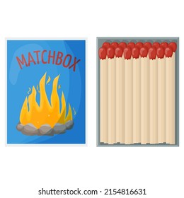 Geöffnete Matchbox mit Streichhölzern. Entzündbare Haushaltsgeräte zur Beleuchtung von Feuer in Pappschachtel. Flache Vektorgrafik