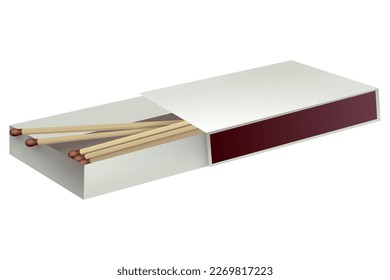 Opened matchbox. Sulphur and wooden sticks lying in open case. Top view and isometric projection vector illustration isolated on white background