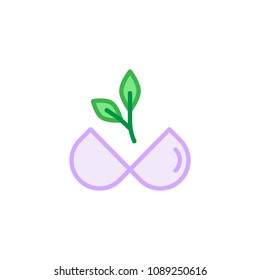 Opened medical capsule and leaves flat icon, vector sign, colorful pictogram isolated on white. Herbal medicine drug symbol, logo illustration. Flat style design
