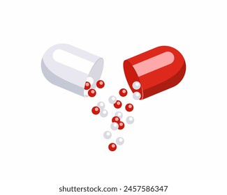 Cápsula médica abierta. Vector de dibujos animados ilustración plana de la píldora. Concepto de farmacia.