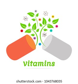 Opened medical capsule. Vector Illustration vitamins and Antioxidant Complex. Design over white background. Vitamin complex. Healthy eating concept.