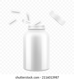 Opened medical pill bottle with falling pills, realistic 3d vector object with place for text. Mock Up Template of medicine package for pills, capsule, drugs, isolated on white background