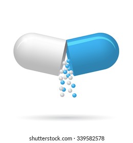 Opened medical pill with fall out pellets, 3d vector object illustration on white background, eps 10