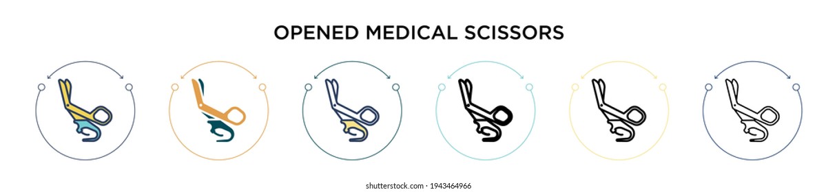 Opened medical scissors icon in filled, thin line, outline and stroke style. Vector illustration of two colored and black opened medical scissors vector icons designs can be used for mobile, ui, web