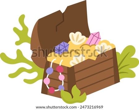 Opened mermaid treasure chest with gold, seashells, beads. Pirate sunken wooden coffer with jewelry and. Treasure island element isolated on white background. Old wood box icon with seaweeds
