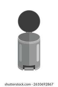 Opened metallic trash bin with pedal. Simple flat illustration.