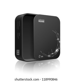 Opened Modern Black Software Package Box With Rounded Corners With DVD Or CD Disk For Your Product. Vector EPS10