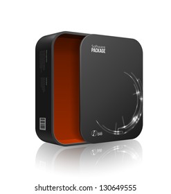 Opened Modern Black Software Package Box With Rounded Corners Red Inside. With DVD Or CD Disk For Your Product. Vector EPS10