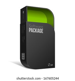 Opened Modern Black Software Package Box With Rounded Corners Green Inside. With DVD Or CD Disk For Your Product. Vector EPS10 