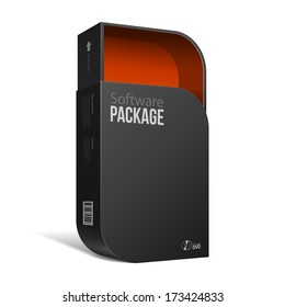 Opened Modern Black Software Package Box With Rounded Corners Red Inside. With DVD Or CD Disk For Your Product. Vector EPS10 