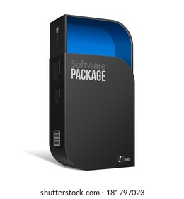 Opened Modern Black Software Package Box With Rounded Corners Blue Inside. With DVD Or CD Disk For Your Product. Vector EPS10 