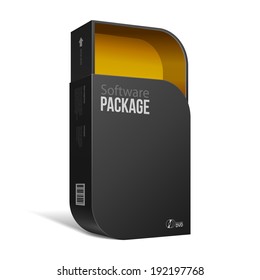 Opened Modern Black Software Package Box With Rounded Corners Yellow Orange Inside. With DVD Or CD Disk For Your Product. Vector EPS10 
